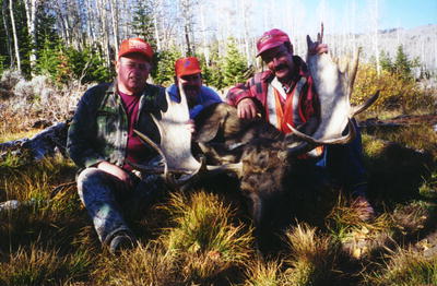 Hunters with a bull moose from the Wyoming Range area. Photo courtesy Triple Peak