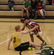 Tyler gets fouled. Photo by Dawn Ballou, Pinedale Online.