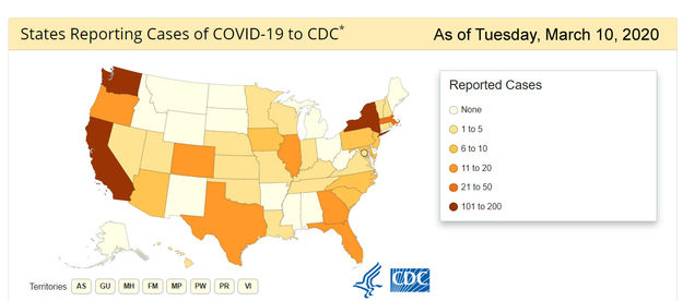 Coronavirus map March 10. Photo by .
