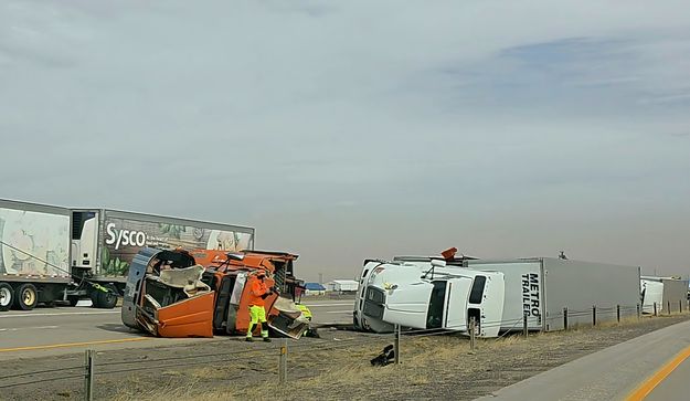 Overturned semis. Photo by Wyoming Highway Patrol.